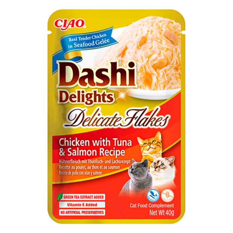 Dashi Delights Delicate Flakes Pollo con Atún y Salmón para Gatos 40g
