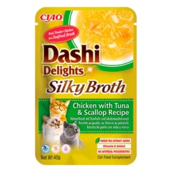 Dashi Delights Silky Broth Pollo con Atún y Vieira para Gatos 40g