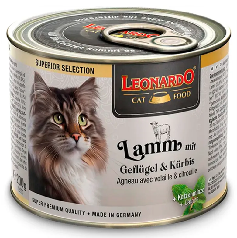 Leonardo Superior Selection Cordero con Ave y Calabaza Lata 200g para Gatos