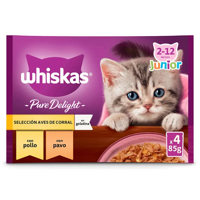 Whiskas PureDelight Aves de Corral Pollo y Pavo en Gelatina para Gatitos 4x85g